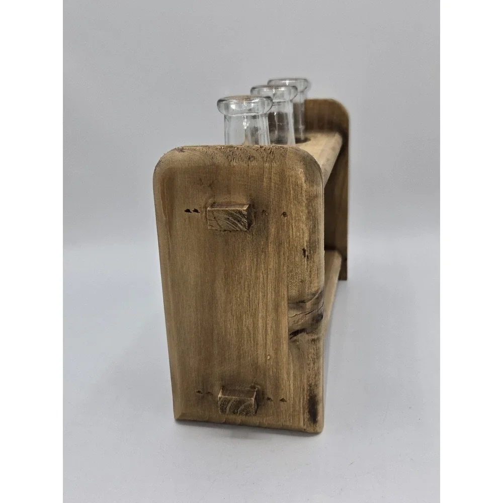 Rustic Wooden 3 Tube Propagation Station with Fixed Glass Bottles